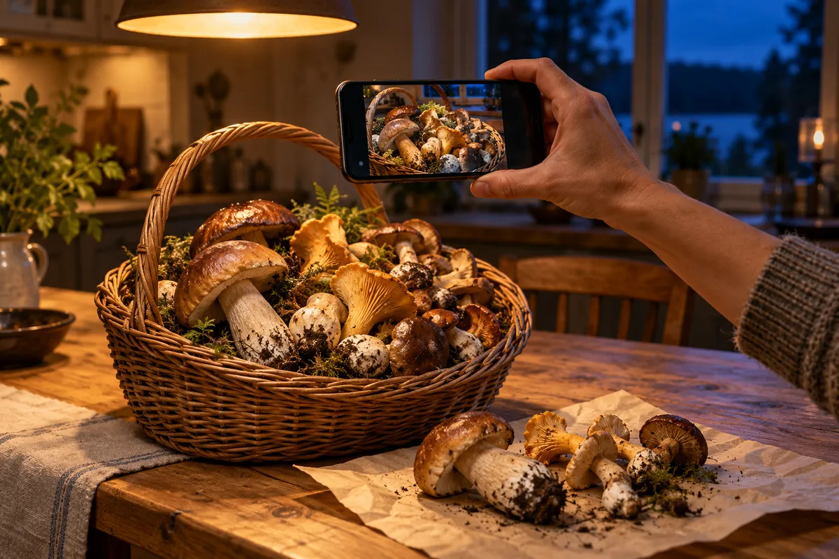 Dans une cuisine le soir, une main tient un smartphone au-dessus d'un panier en osier rempli de champignons sauvages fraîchement cueillis, pour photographier la récolte.