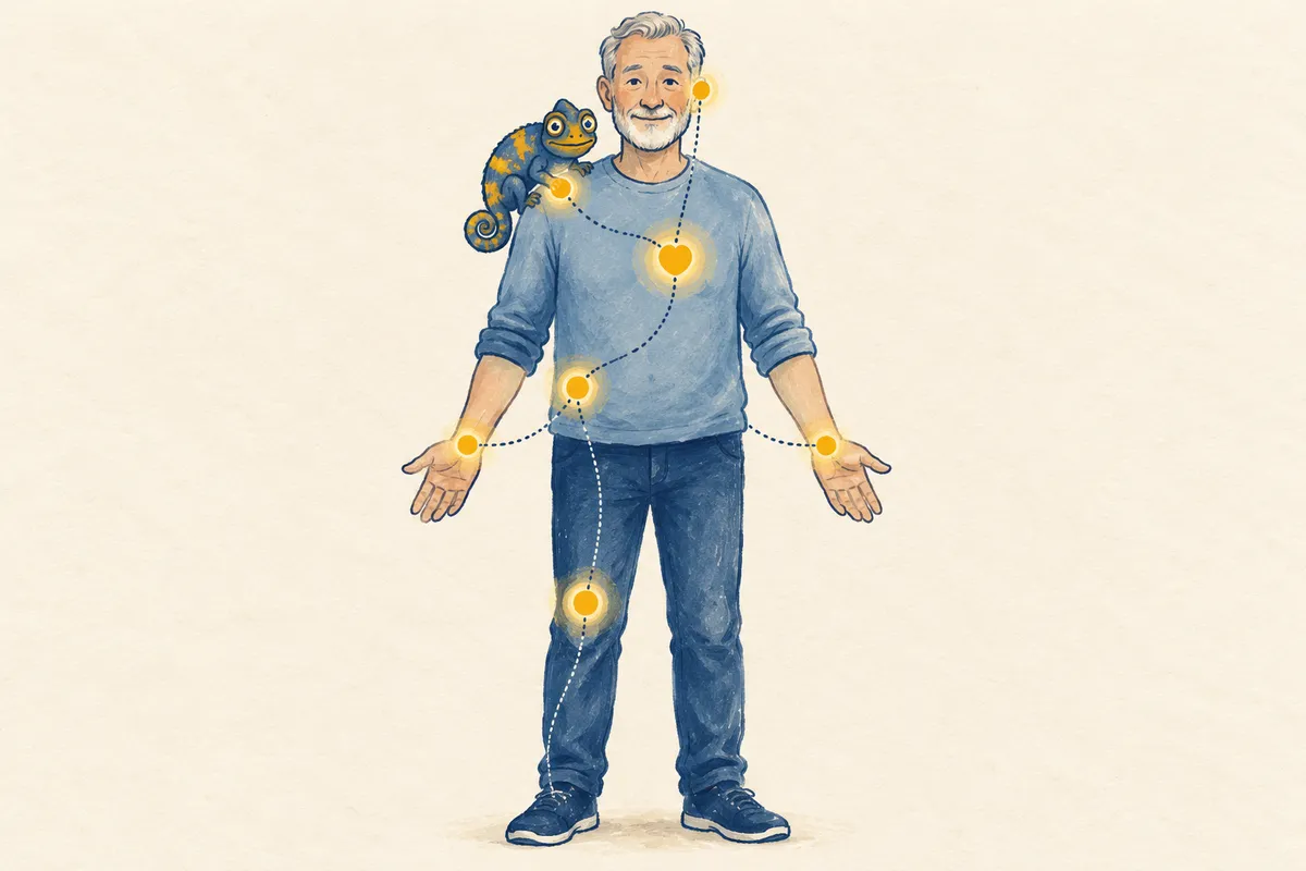 Illustration : un homme âgé debout, des points lumineux jaunes sur les poignets, l'épaule, l'oreille, le genou et le cœur, reliés par un fil pointillé, un petit caméléon posé sur son épaule.