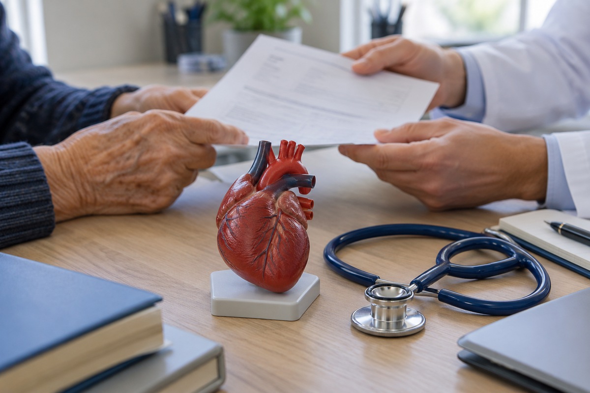 Échange autour d’un document médical sur un bureau, avec un modèle anatomique du cœur et un stéthoscope.