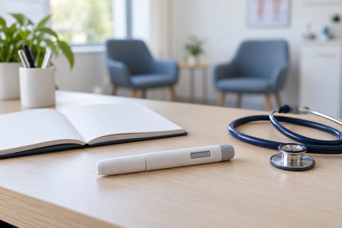 Stylo injecteur fermé, carnet ouvert et stéthoscope sur un bureau médical.