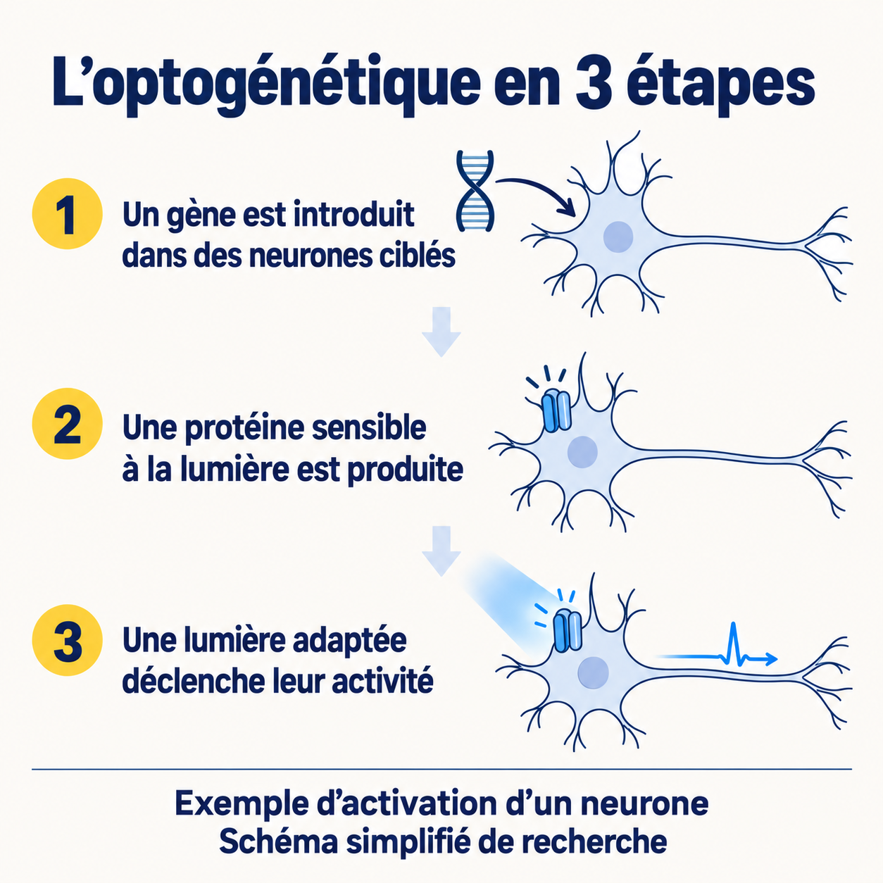 Schéma simplifié de l’optogénétique : un gène permet au neurone de fabriquer une protéine qui, sous une lumière adaptée, peut déclencher un signal nerveux.