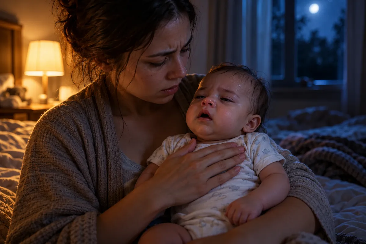 La nuit, dans une chambre, une mère inquiète tient contre elle son bébé enrhumé et pose la main sur sa poitrine pour sentir sa respiration.