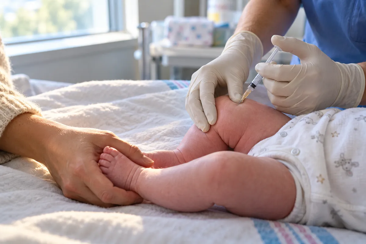 Dans une chambre de maternité, des mains gantées injectent un anticorps dans la cuisse d'un nouveau-né pendant que la main de sa mère lui tient le pied.
