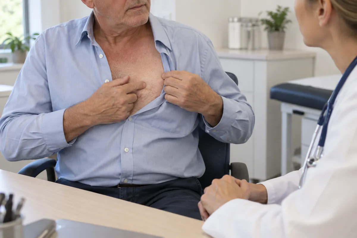 Illustration fictive d’un homme montrant une zone de sa poitrine à une professionnelle de santé au cours d’une consultation.