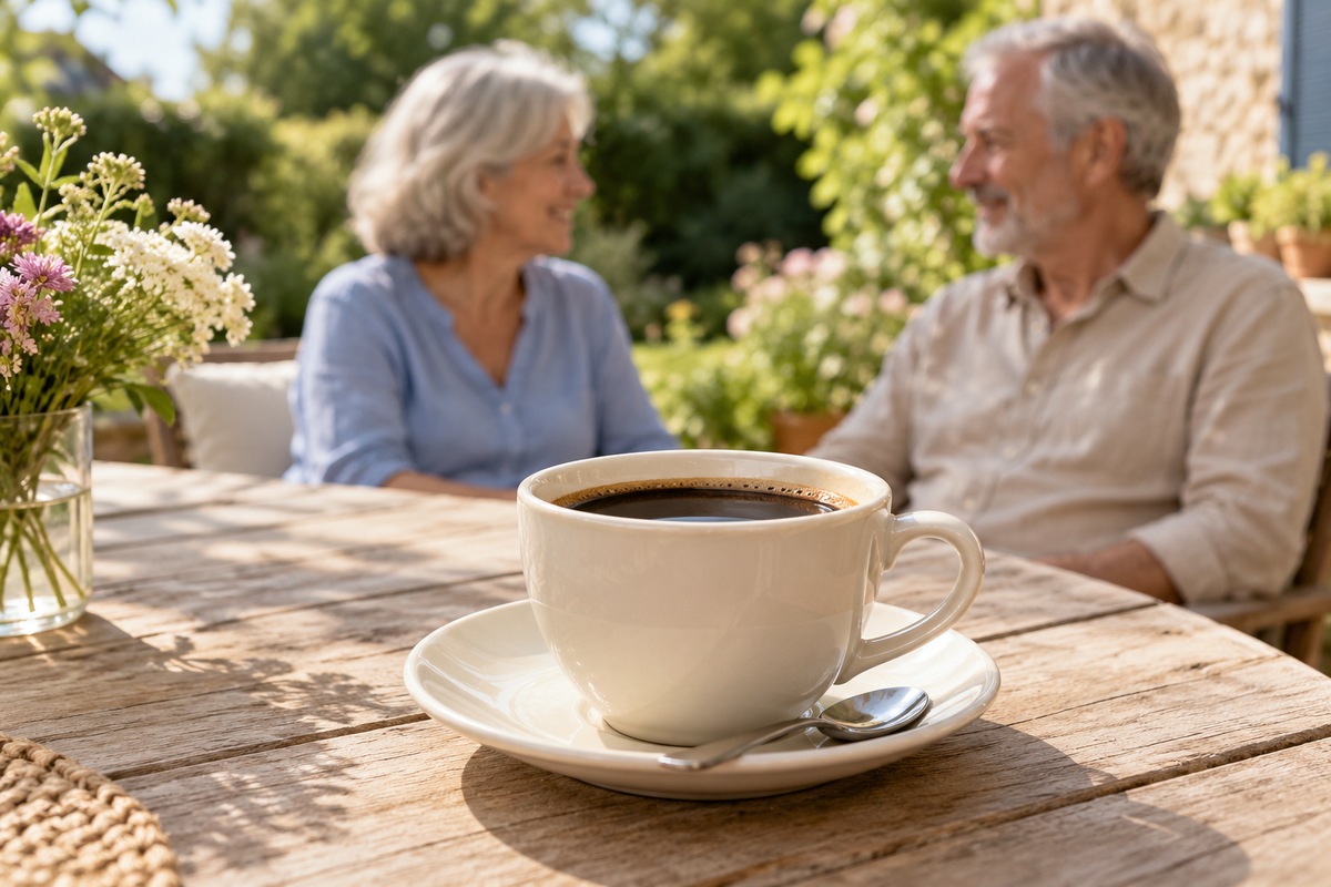 Une tasse de café sur une table de terrasse, avec deux adultes âgés en arrière-plan.