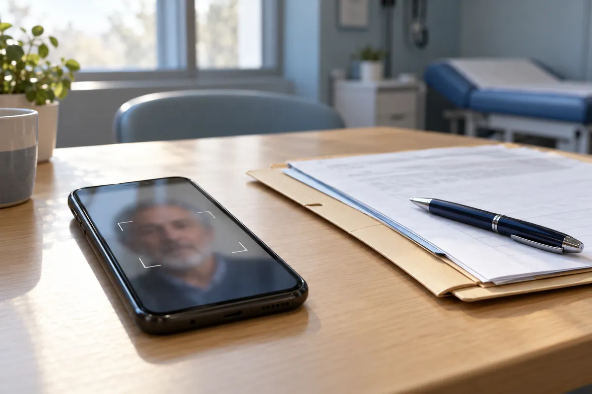 Un smartphone posé sur un bureau de consultation affiche le portrait flou d’un homme âgé encadré par un repère de cadrage, à côté d’un dossier médical.