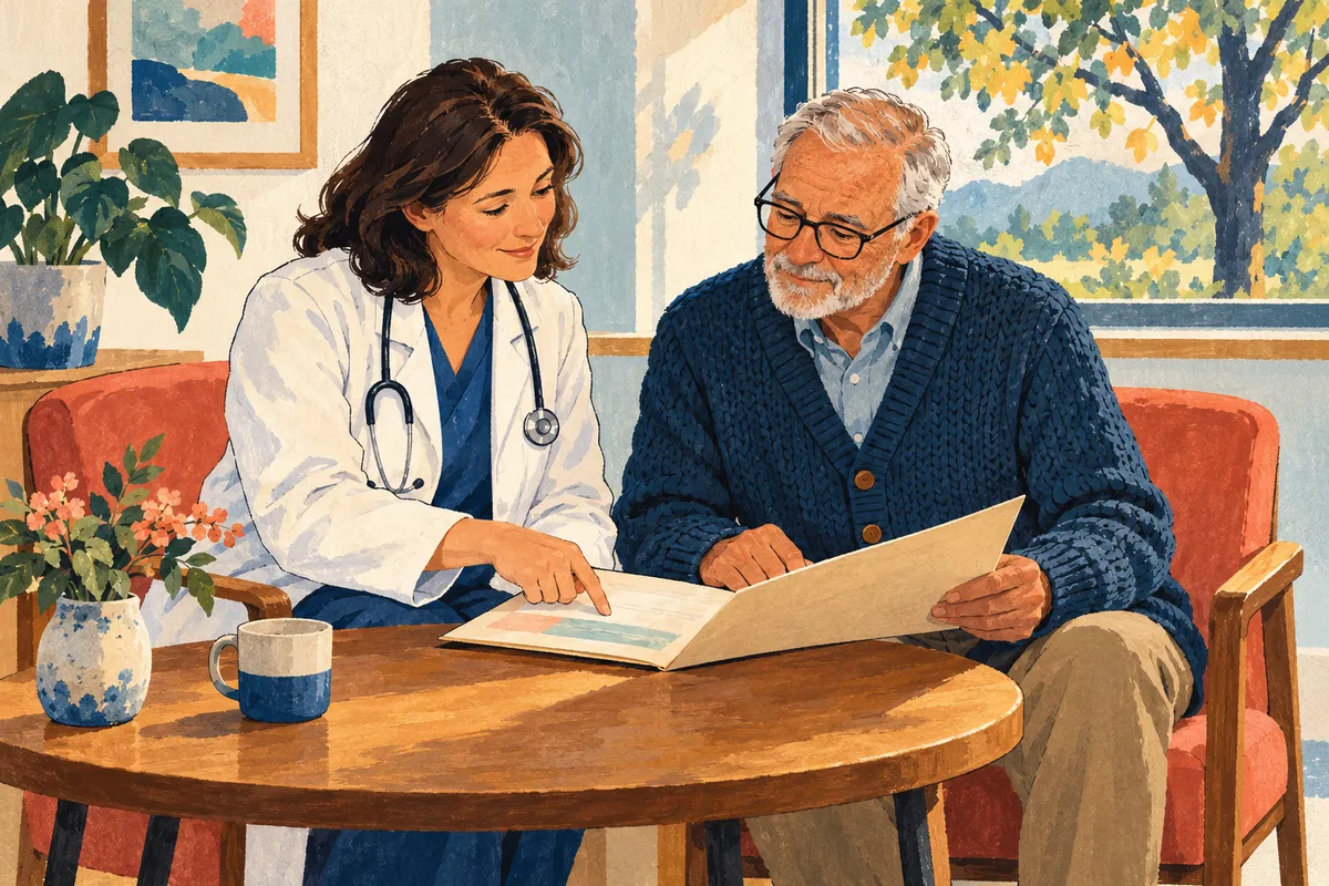 Illustration à la gouache d’une consultation d’oncologie : un médecin et un patient âgé regardent ensemble un dossier papier.