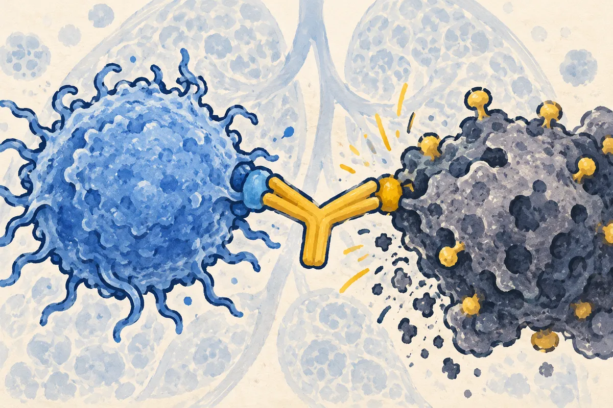 Illustration à la gouache : une grande cellule immunitaire bleue reliée à une cellule tumorale grise par un anticorps jaune en forme de Y, accroché d’un côté au globule blanc et de l’autre à un marqueur à la surface de la tumeur, sur un fond de tissu pulmonaire.