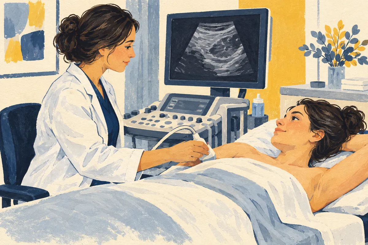 Illustration : une radiologue réalise une échographie du sein à une jeune femme allongée, recouverte d’un drap, à côté d’un échographe.