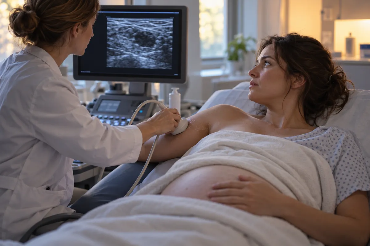 Femme enceinte allongée pendant une échographie du sein réalisée par une radiologue