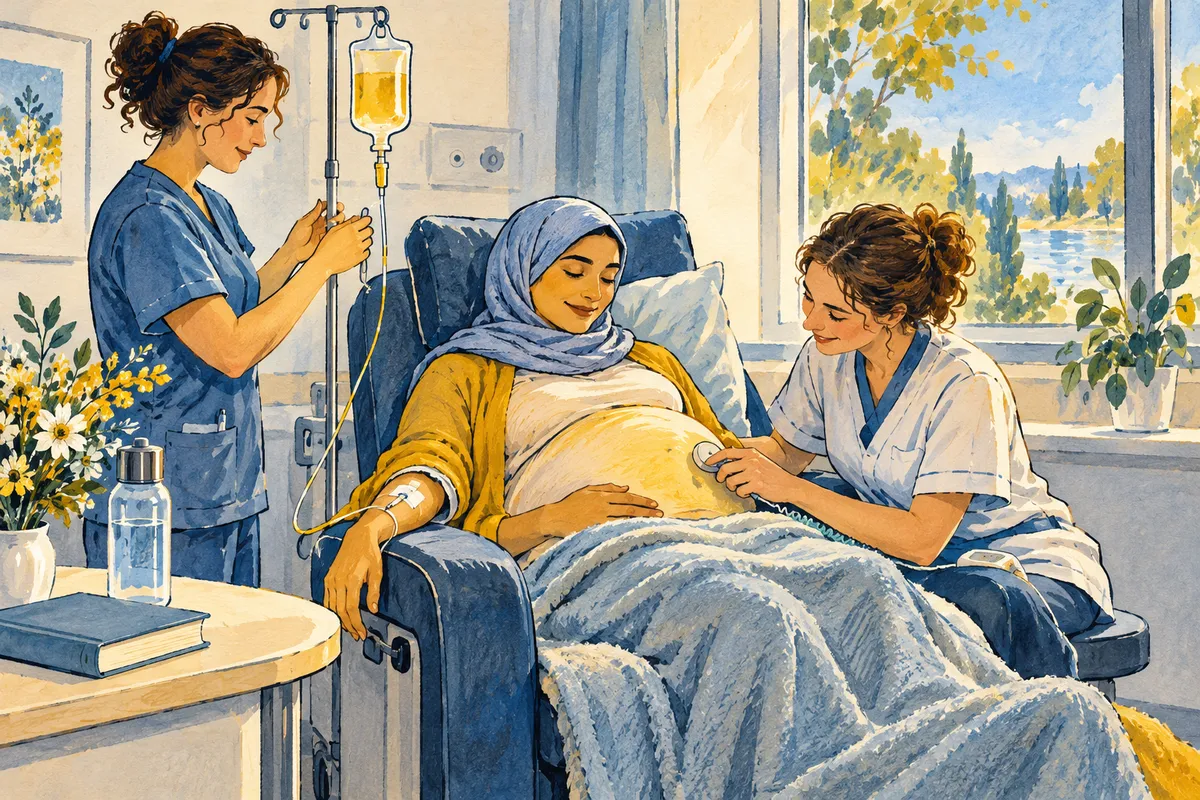 Illustration d'une femme enceinte recevant une perfusion en hôpital de jour, entourée d'une infirmière et d'une sage-femme qui écoute le cœur du bébé