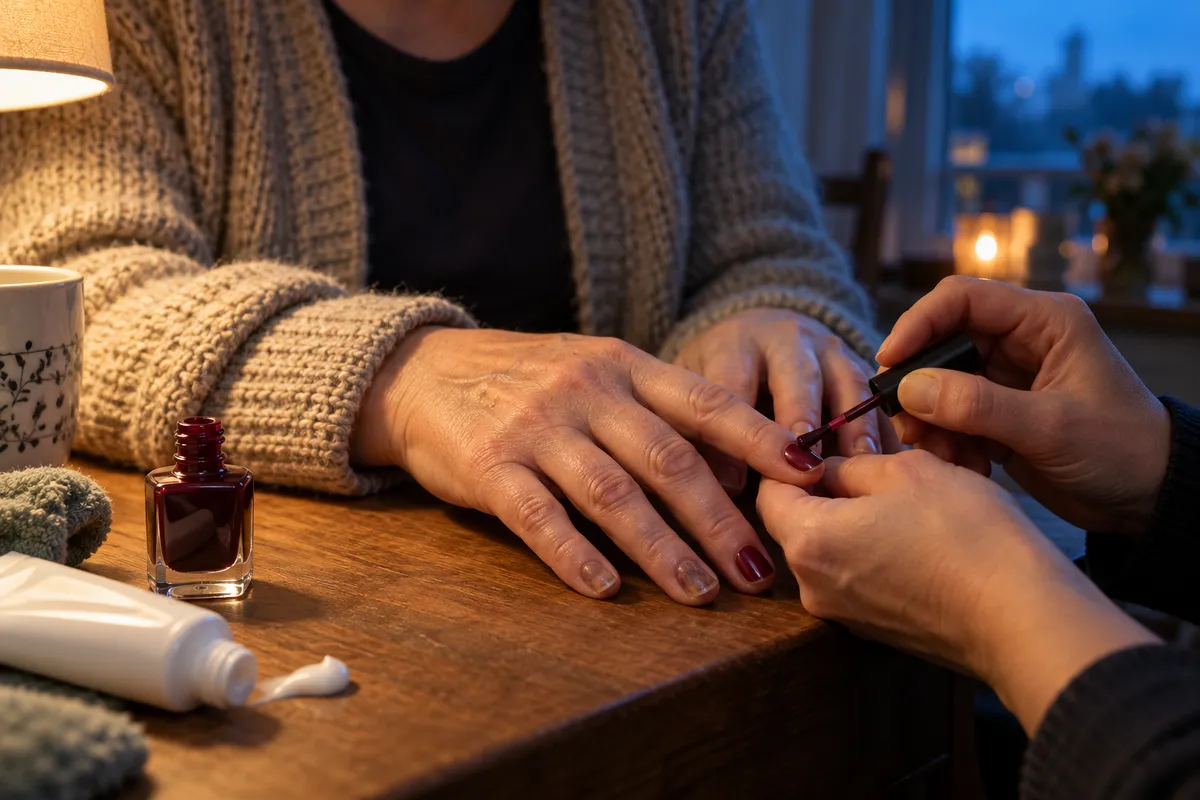 Gros plan sur deux mains aux ongles fragilisés posées sur une table de cuisine, pendant qu'une autre main applique un vernis rouge foncé, à côté d'un tube de crème blanche sans marque.