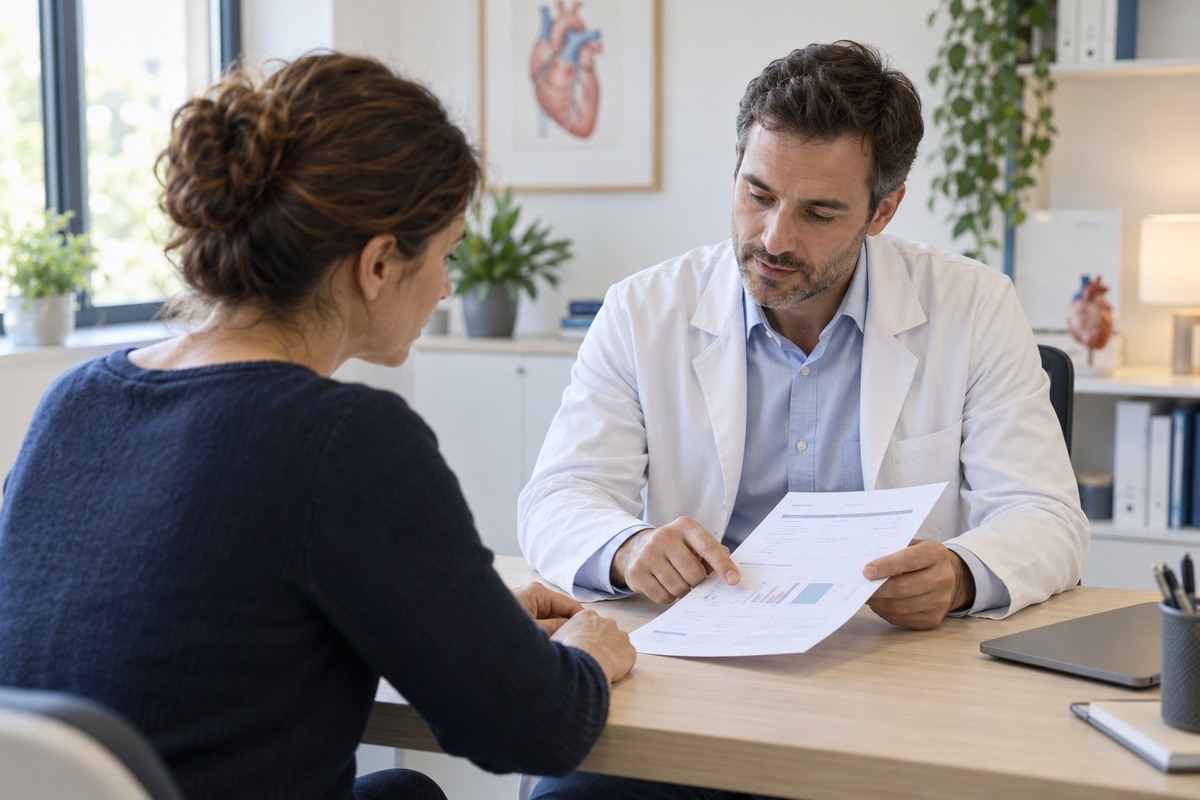 Une femme et un médecin regardent ensemble une feuille de résultats lors d’une consultation.