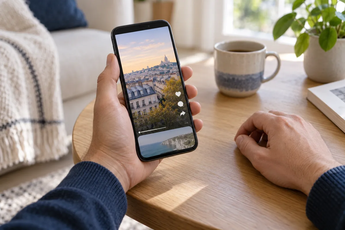 Un smartphone affichant un fil de vidéos, tenu au-dessus d’une table près d’une tasse.
