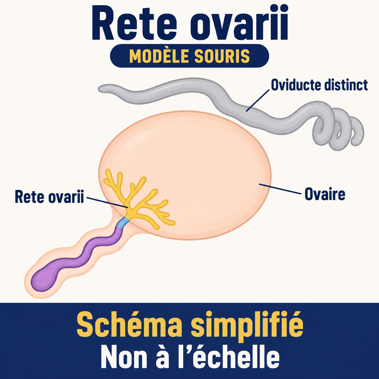 Schéma simplifié du modèle souris : ovaire, rete ovarii relié à l’ovaire et oviducte distinct, sans échelle anatomique.