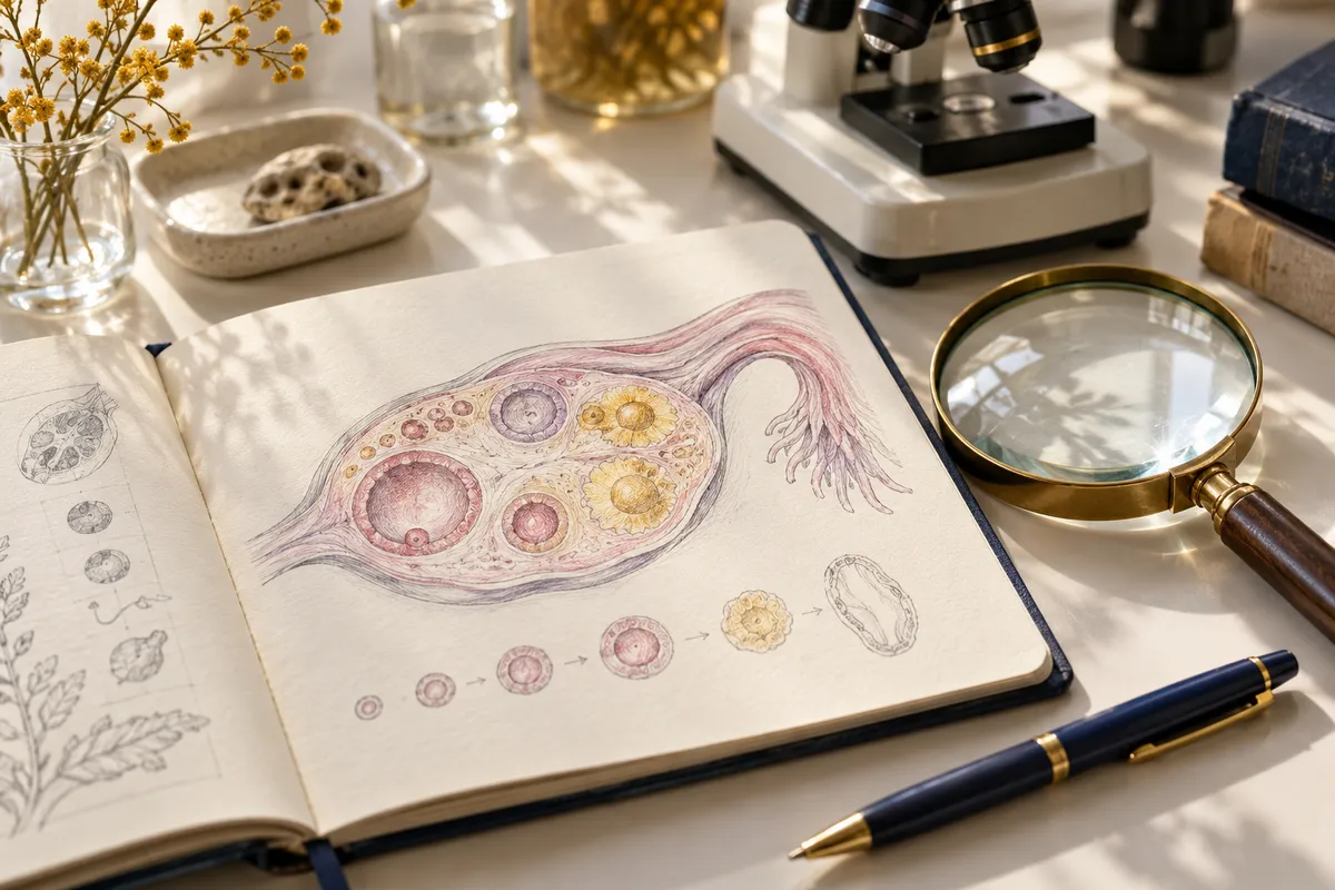 Un bureau de recherche avec une planche d’anatomie ovarienne, une loupe et un microscope en arrière-plan.