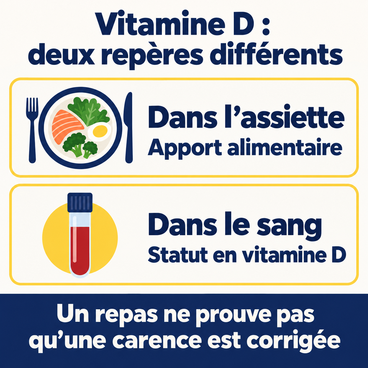 Vitamine D : apport alimentaire dans l’assiette et statut dans le sang sont distincts ; un repas ne prouve pas qu’une carence est corrigée.