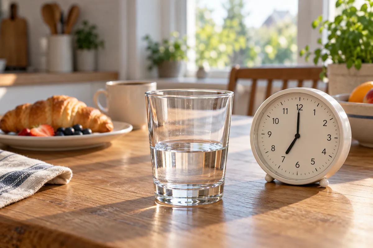 Verre d’eau et horloge posés sur une table, devant un petit-déjeuner.