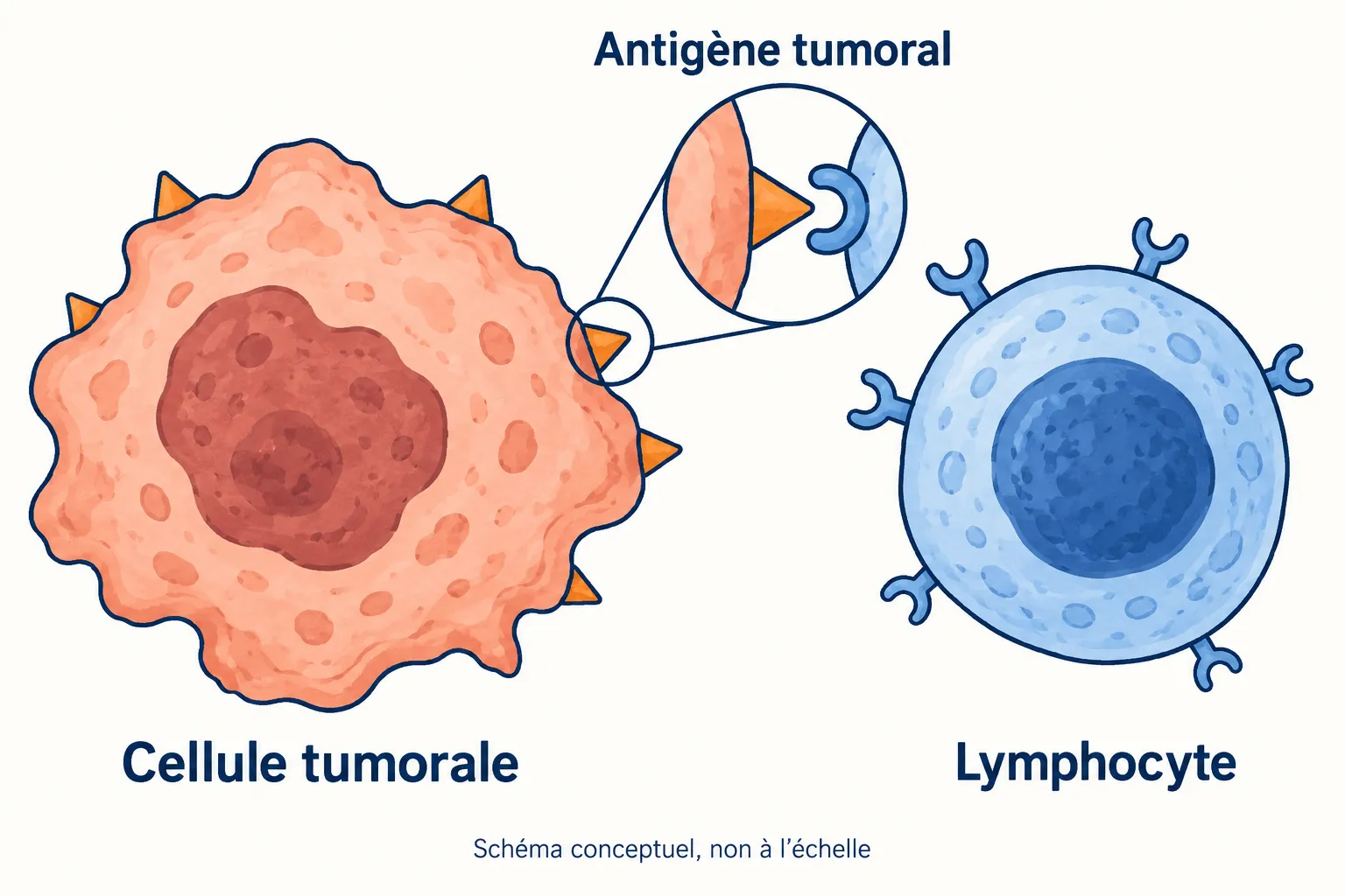 Dessin conceptuel d’une cellule tumorale portant un antigène et d’un lymphocyte, avec un repère de reconnaissance simplifié.