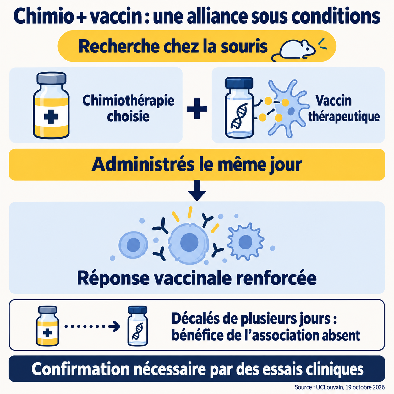 Schéma des conditions expérimentales : chimiothérapie choisie et vaccin le même jour, avec une réponse vaccinale renforcée chez la souris.