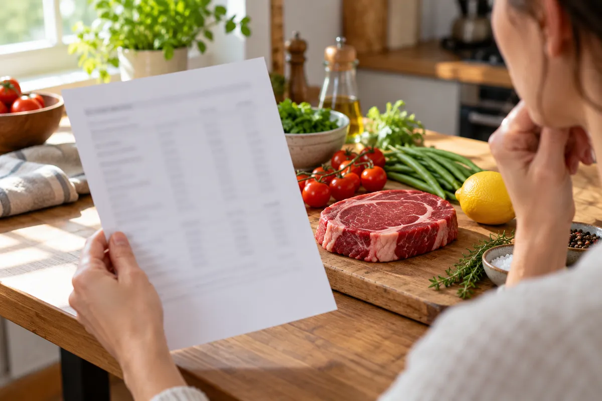 Une main tient une feuille de résultats sanguins floue et illisible au-dessus d’une table de cuisine avec un steak cru et des légumes sur une planche.
