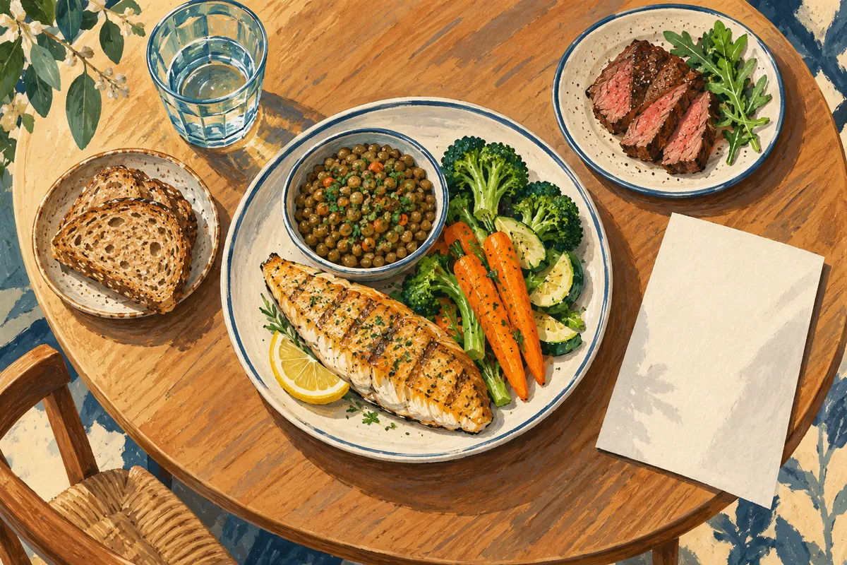 Gouache d'un repas avec poisson, légumineuses, légumes, pain complet et petite portion de viande rouge, près d'une feuille d'analyses retournée.