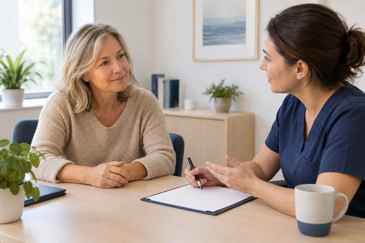 Une patiente échange avec une professionnelle de santé autour d’un plan de prévention.