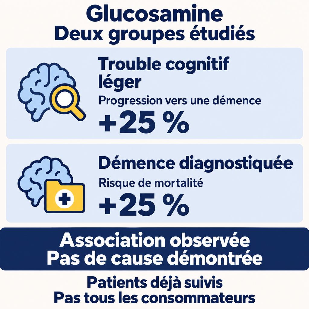 Deux groupes étudiés : trouble cognitif léger et démence diagnostiquée, avec des résultats différents et sans preuve de causalité.