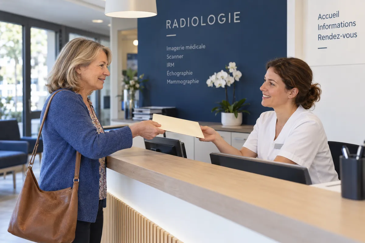 Une femme échange avec l’accueil d’un cabinet de radiologie, illustration.