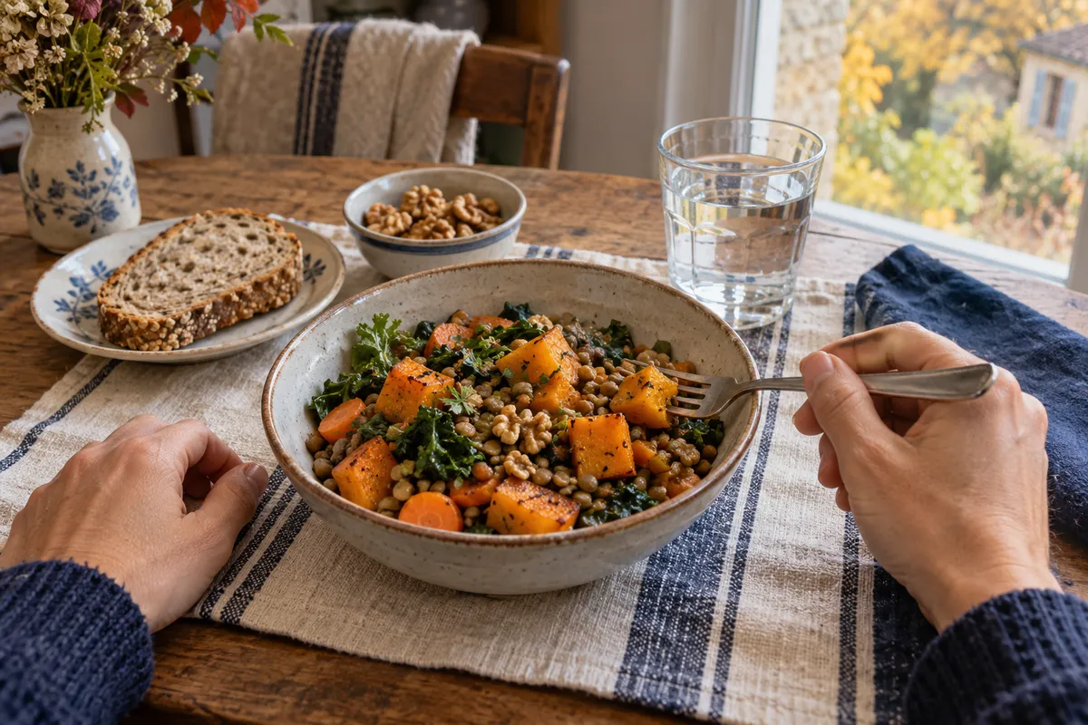 Un repas d’automne composé de lentilles et de courge, accompagné de pain complet, de noix et d’un verre d’eau.