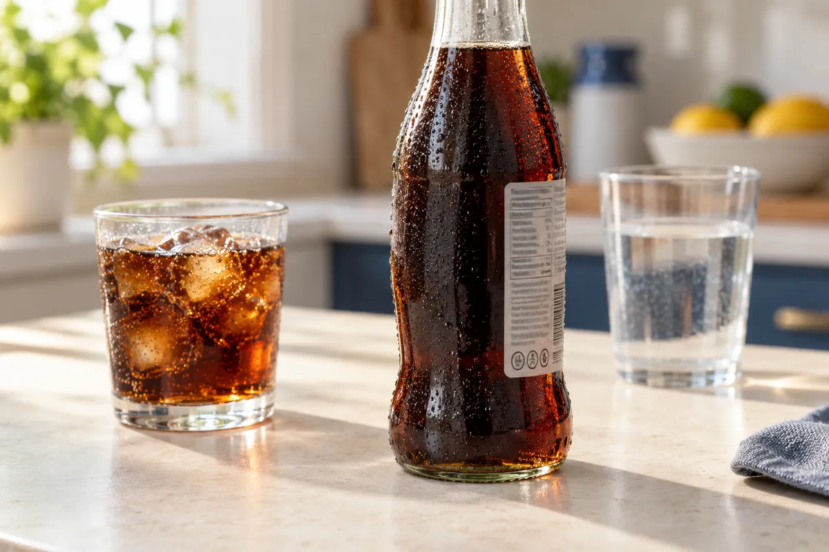 Bouteille de cola tournée vers son étiquette, verre de cola et verre d’eau sur une table.