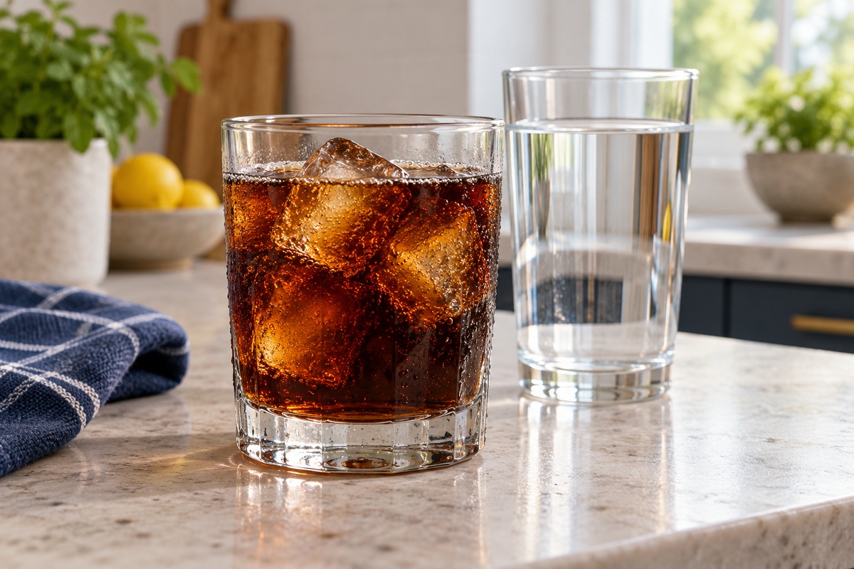 Un verre de cola avec des glaçons et un verre d’eau sur un plan de travail clair.