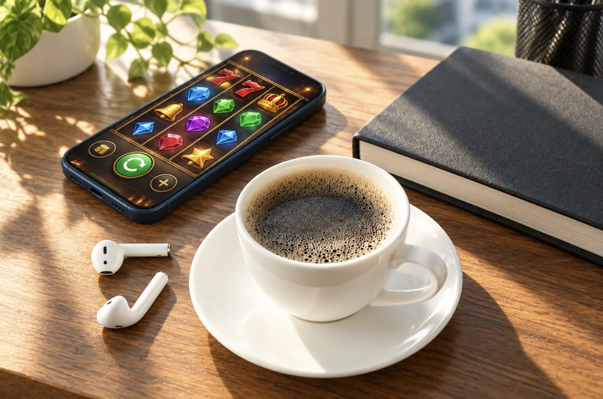 Téléphone affichant une machine à sous, avec une tasse de café sur un bureau ensoleillé