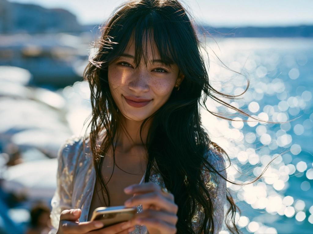 Une femme tient un smartphone au bord de l’eau.
