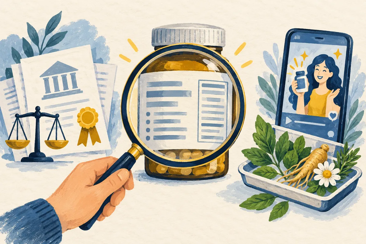 Illustration : une loupe au-dessus de l’étiquette d’un pot de complément, à côté de documents officiels, d’une balance, d’un smartphone montrant une influenceuse et de plantes posées dans un plateau d’attente.