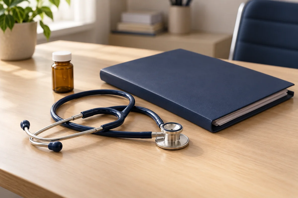 Stéthoscope, dossier médical et flacon neutre sur un bureau de consultation.