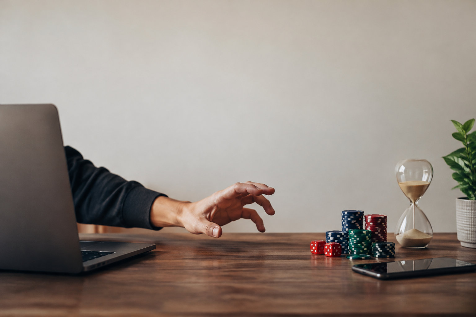 Une main tendue vers des jetons de casino et un sablier à côté d'un ordinateur portable sur un bureau en bois.