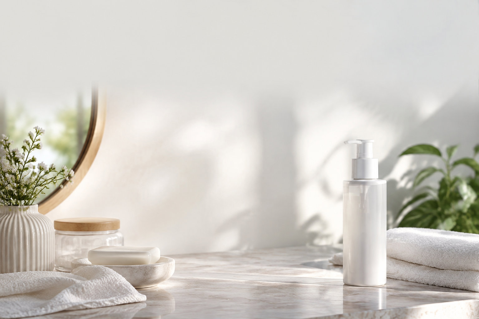 Flacon blanc de Saugella HydraSerum posé sur un plan de travail en marbre dans une salle de bain lumineuse.