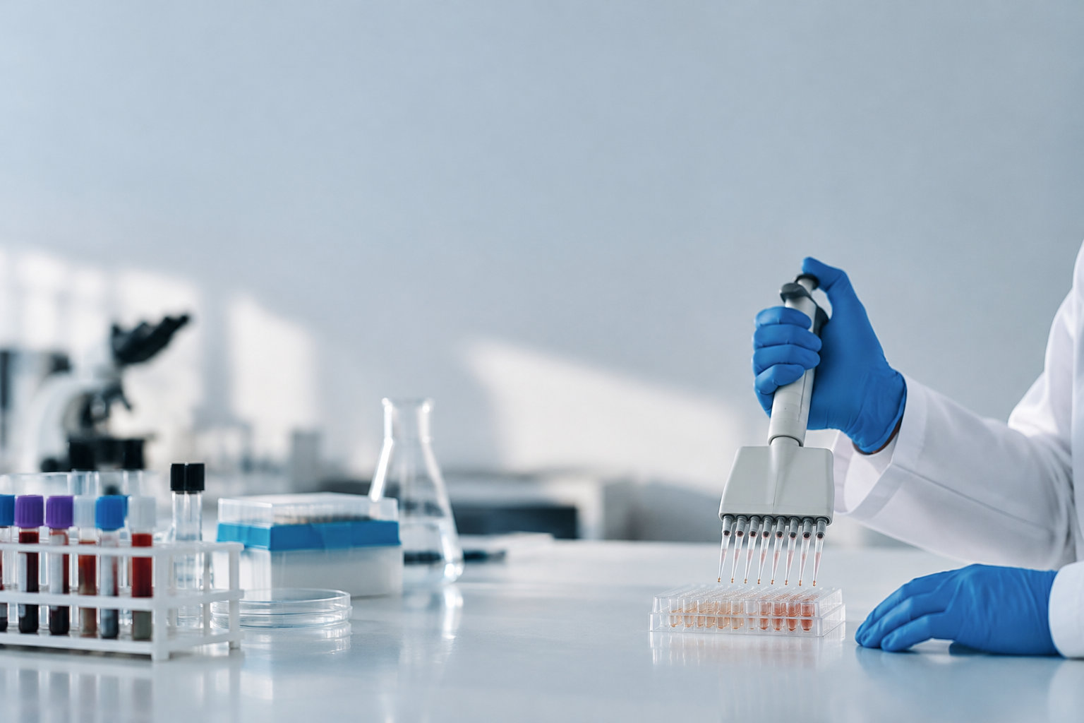 Un chercheur en laboratoire utilisant une pipette multicanaux pour remplir une plaque de microtitration ELISA.