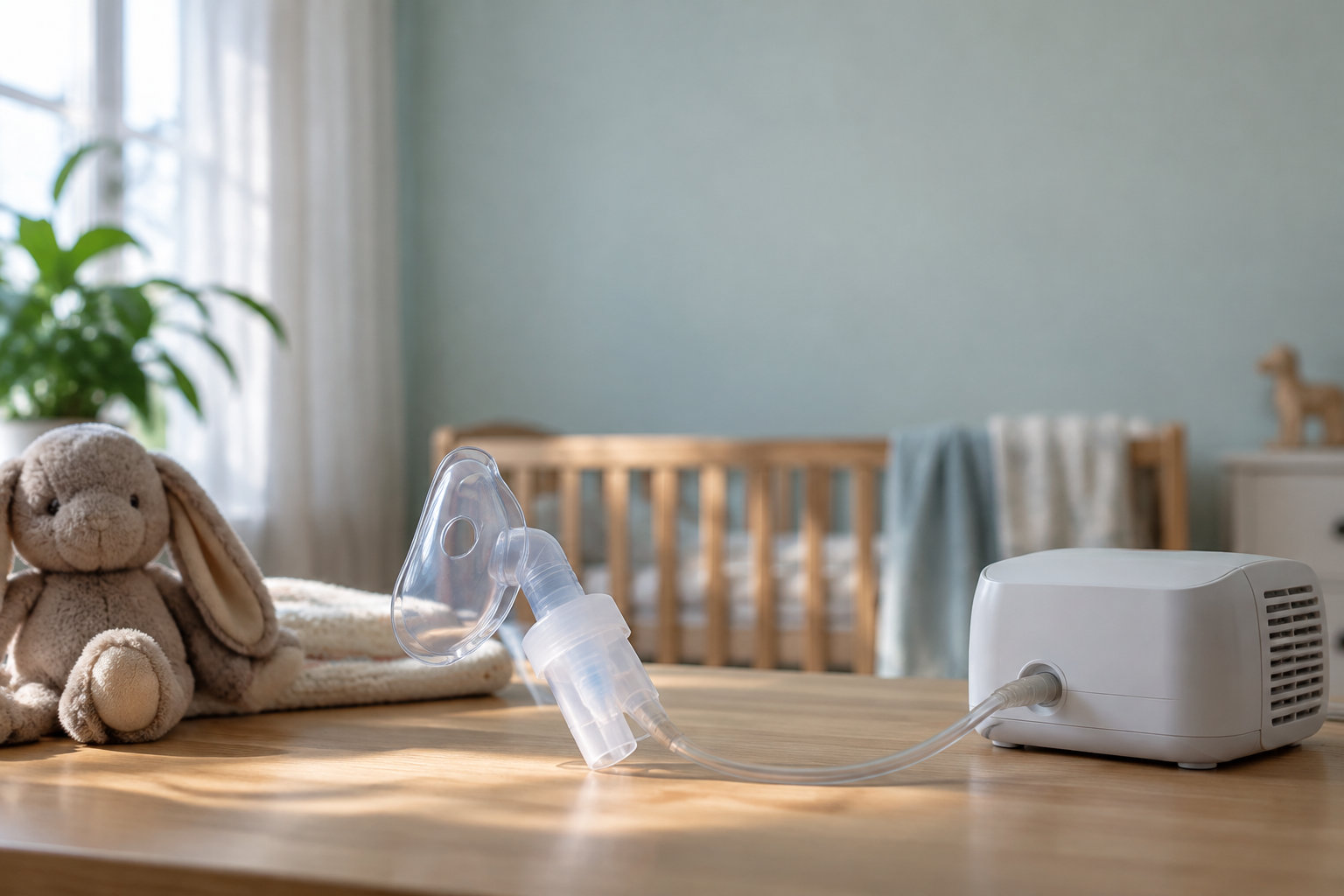 Nébuliseur électrique avec masque pour enfant posé sur une table en bois, près d'une peluche dans une chambre de bébé.