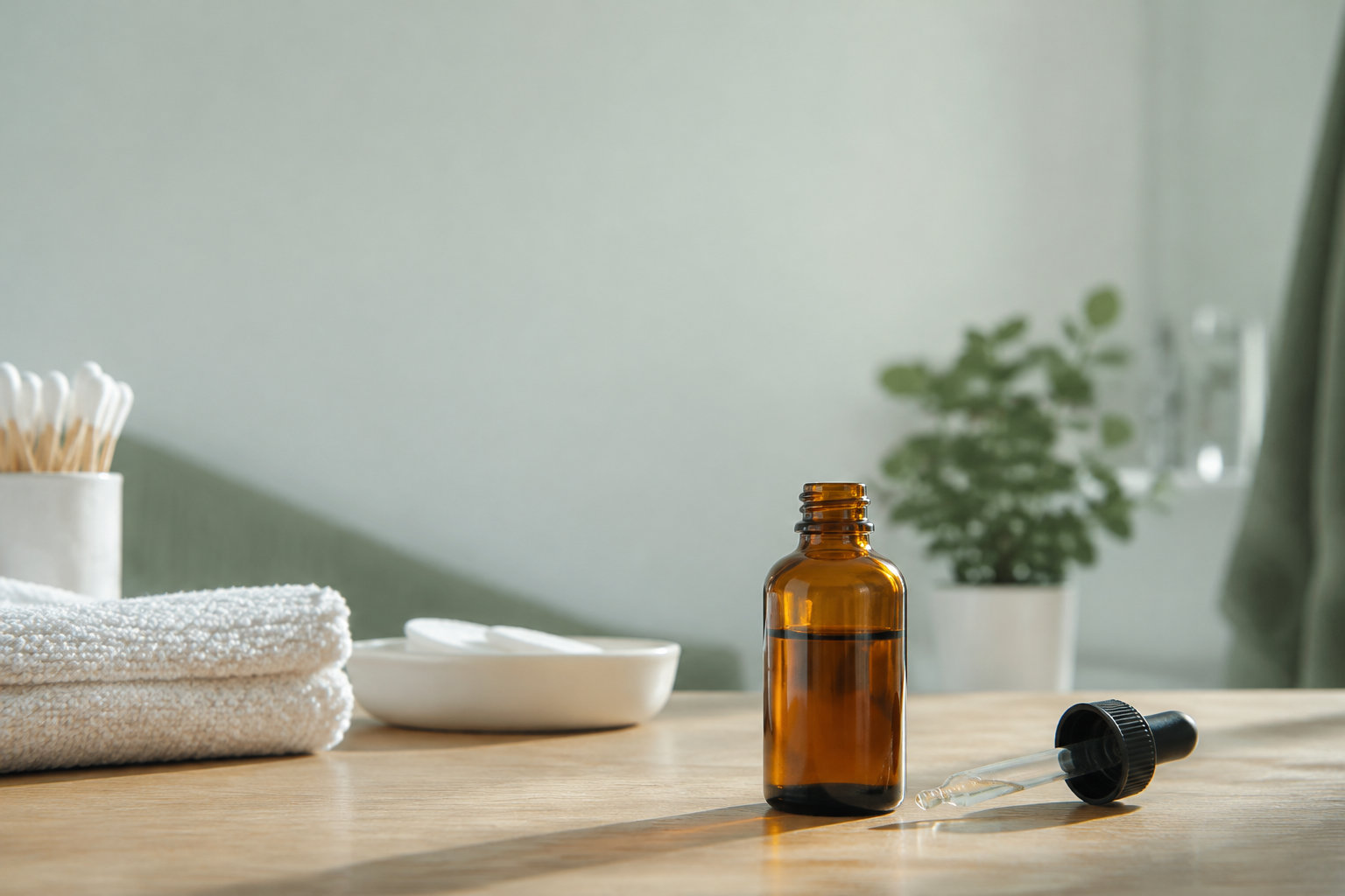 Flacon compte-gouttes en verre ambré sur une table en bois avec du linge de toilette en arrière-plan.