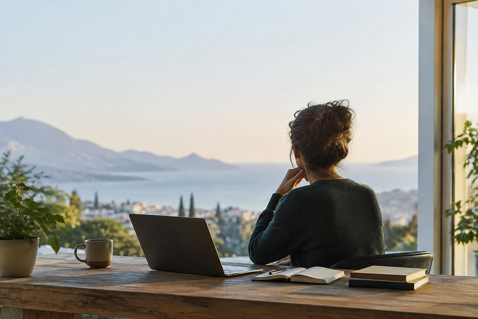 Une femme assise devant un ordinateur portable face à une vue panoramique sur la mer et les montagnes.