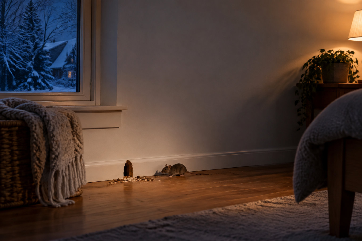 Une souris sort d'un trou dans une plinthe de chambre à coucher pendant une nuit d'hiver enneigée.