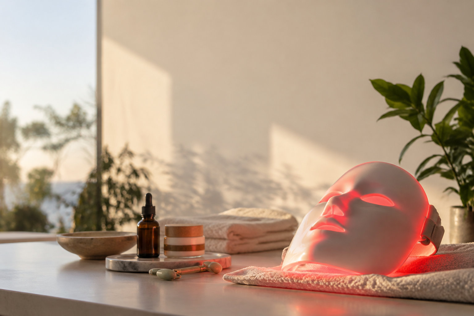 Masque de luminothérapie LED rouge posé sur une serviette blanche, accompagné de produits de soin près d'une fenêtre.