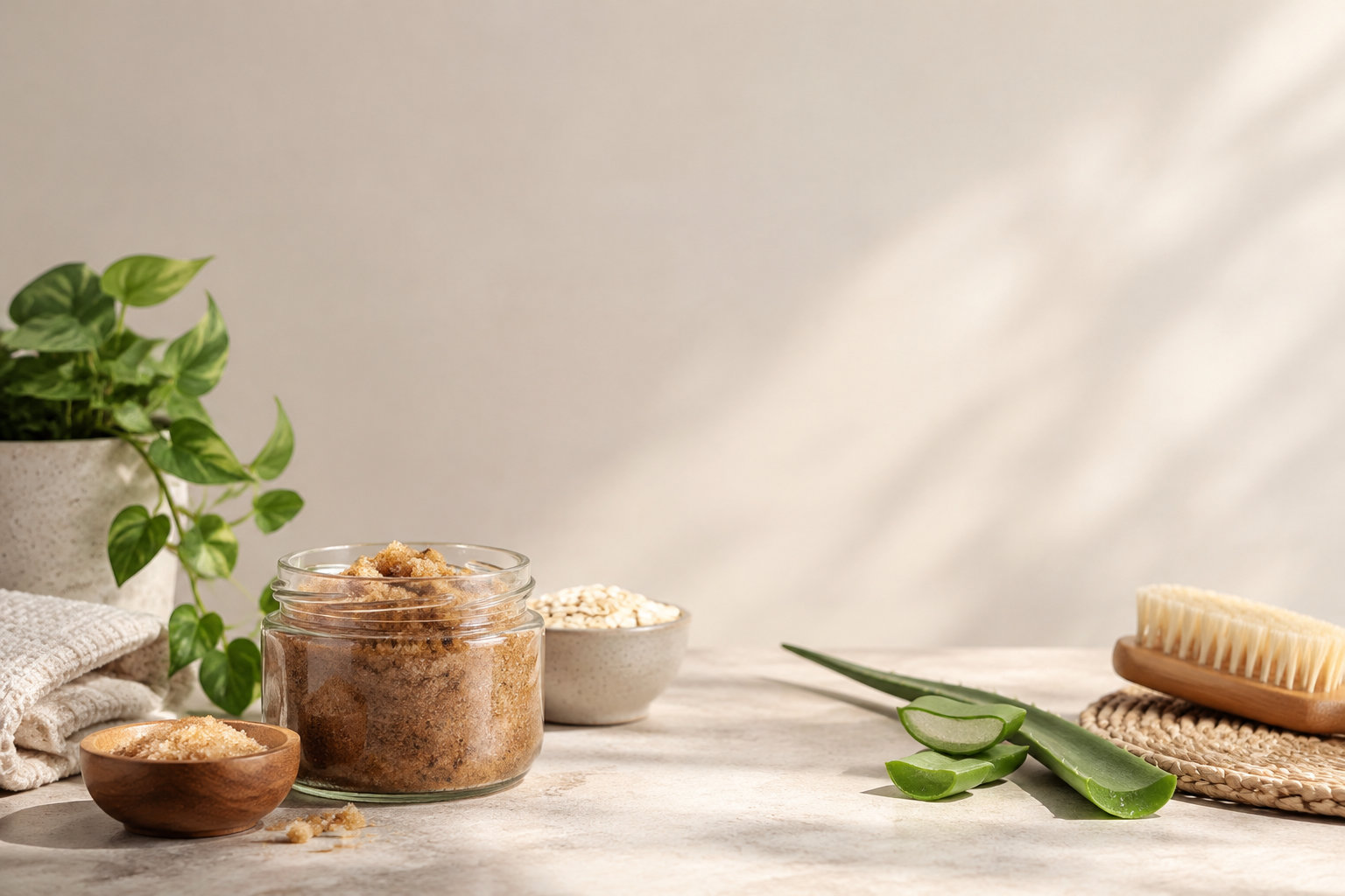 Ingrédients naturels pour gommage (sucre, avoine, aloe vera) sur une table avec une plante et une brosse en bois.