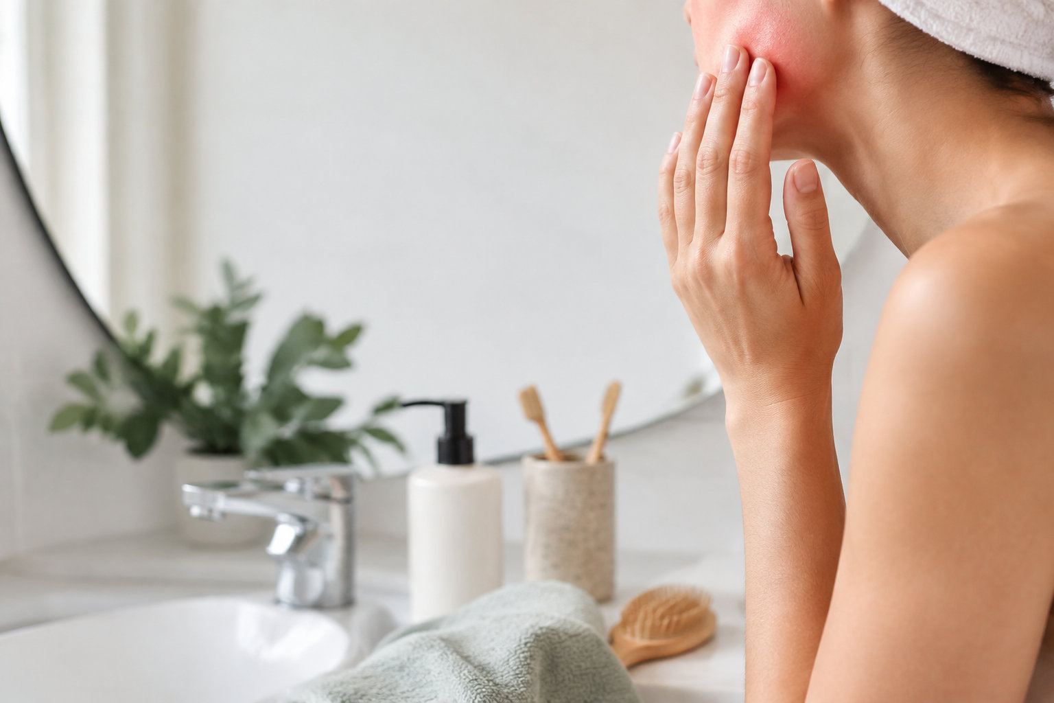Une femme avec une serviette sur la tête touche une zone rouge et irritée sur sa joue devant un miroir de salle de bain.
