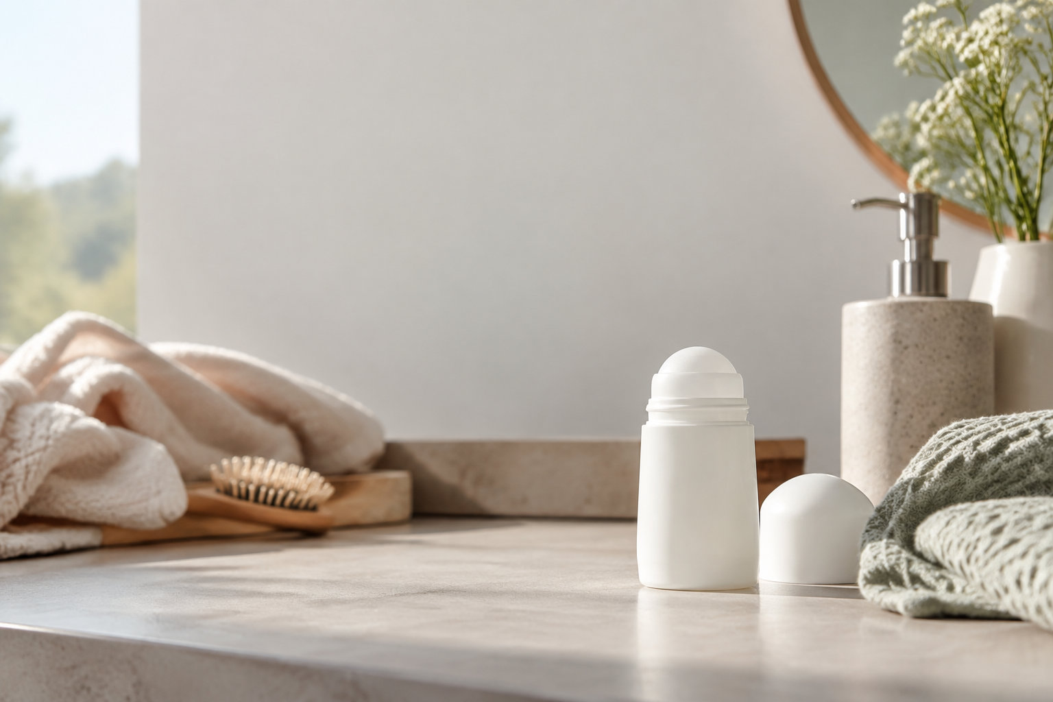 Un flacon de déodorant roll-on blanc posé sur un comptoir de salle de bain lumineux avec une serviette et une plante.