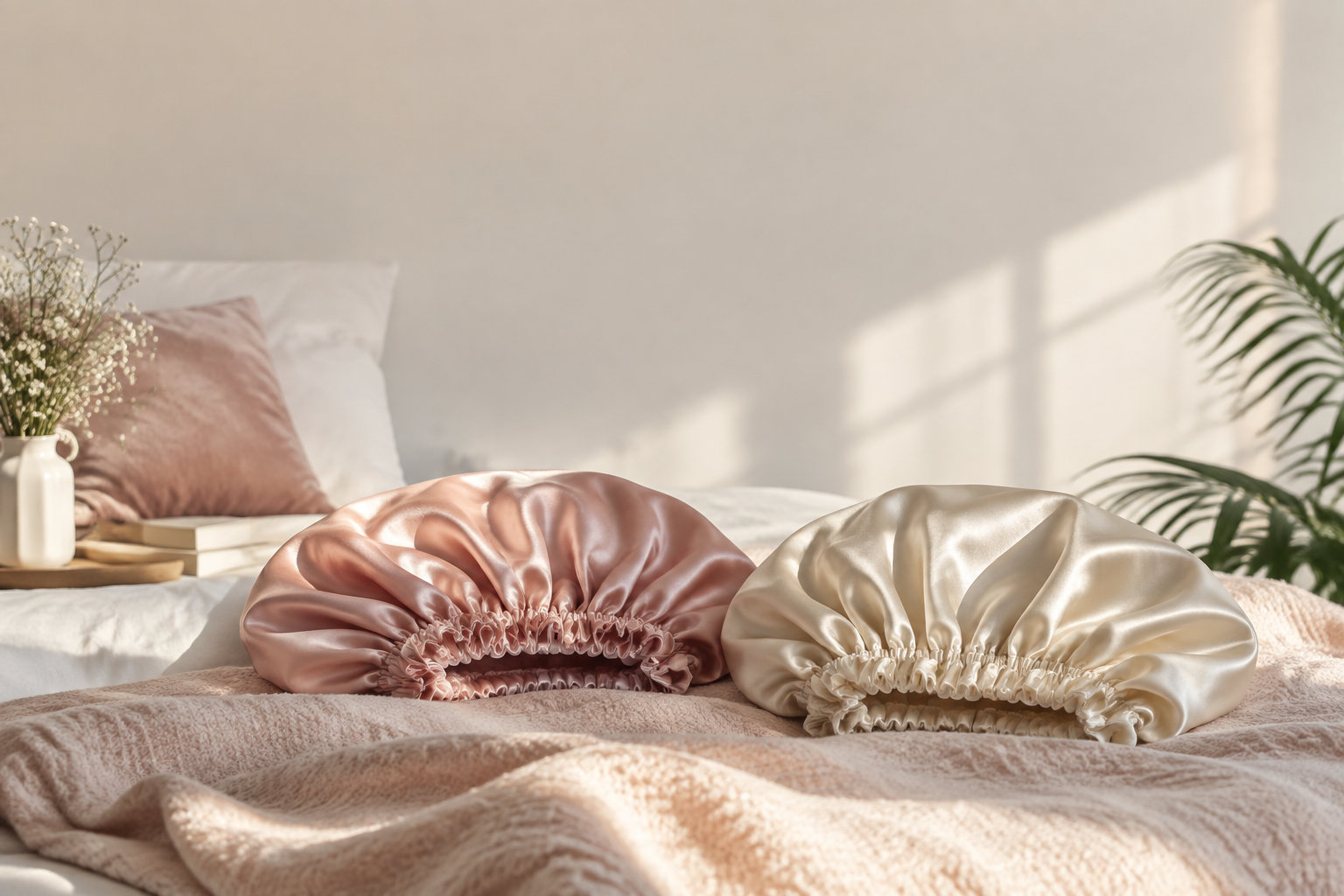 Deux bonnets de nuit, l'un rose poudré et l'autre crème, posés sur un lit douillet dans une chambre lumineuse.