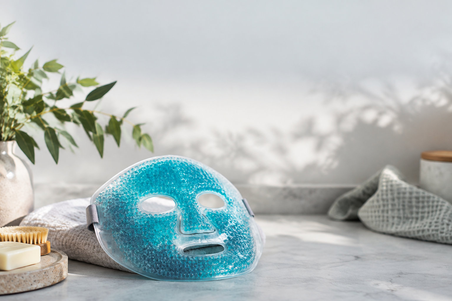 Masque de soin TheraPearl en gel bleu avec des billes, posé sur une serviette près d'une plante.