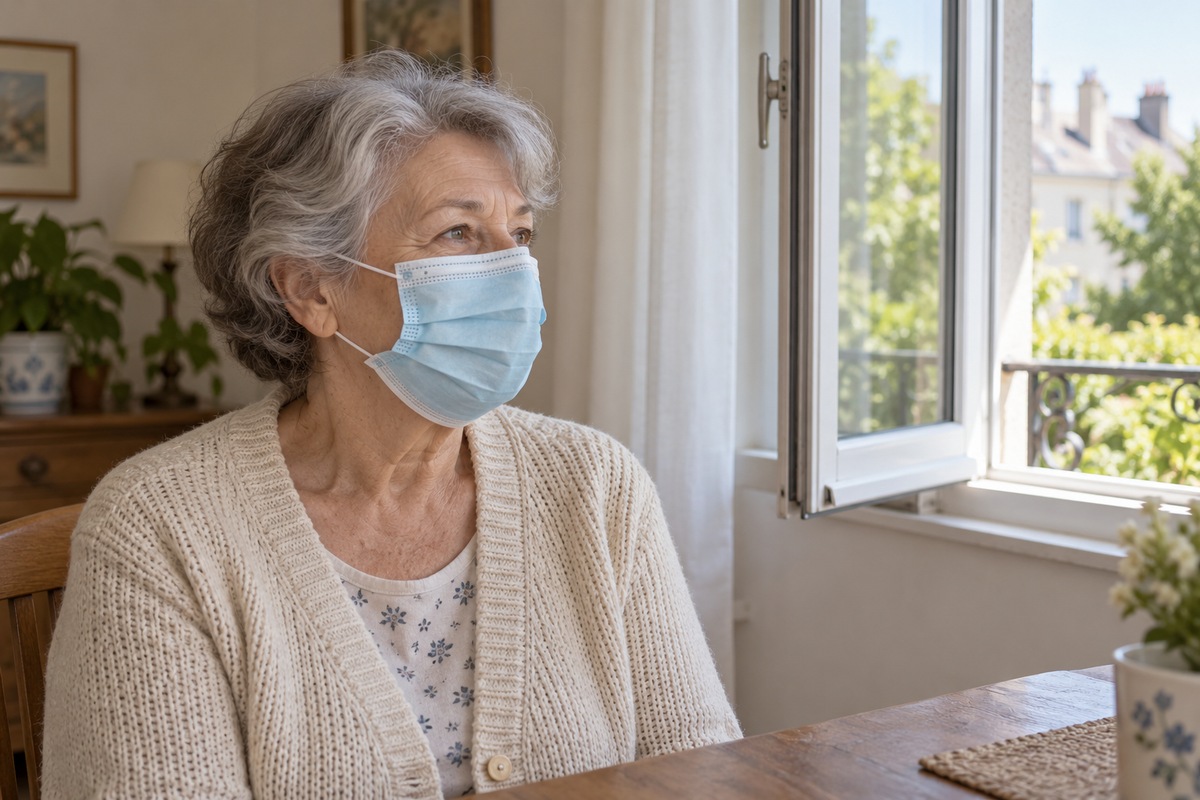 Femme portant un masque chirurgical près d’une fenêtre ouverte dans un salon lumineux.